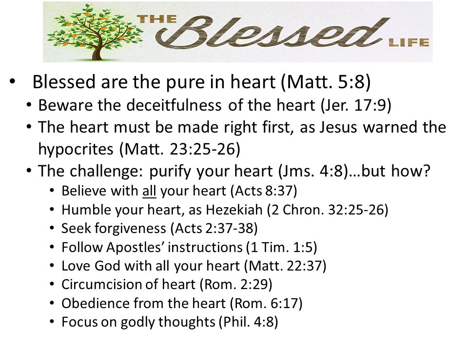 Blessed are the pure in heart (Matt. 5:8) Beware the deceitfulness of the heart (Jer.