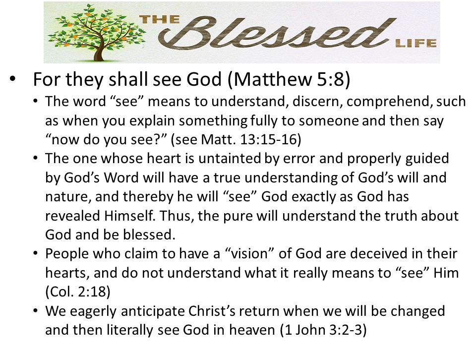 For they shall see God (Matthew 5:8) The word see means to understand, discern, comprehend, such as when you explain something fully to someone and then say now do you see (see Matt.