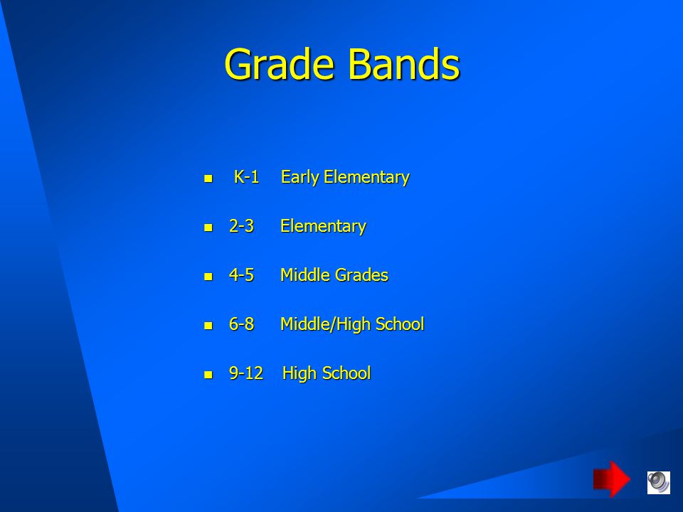 Grade Bands K-1 Early Elementary K-1 Early Elementary 2-3 Elementary 2-3 Elementary 4-5 Middle Grades 4-5 Middle Grades 6-8 Middle/High School 6-8 Middle/High School 9-12 High School 9-12 High School