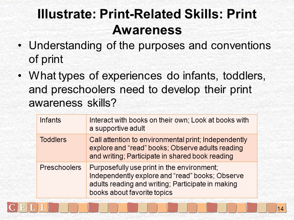 Illustrate: Print-Related Skills: Print Awareness Understanding of the purposes and conventions of print What types of experiences do infants, toddlers, and preschoolers need to develop their print awareness skills.