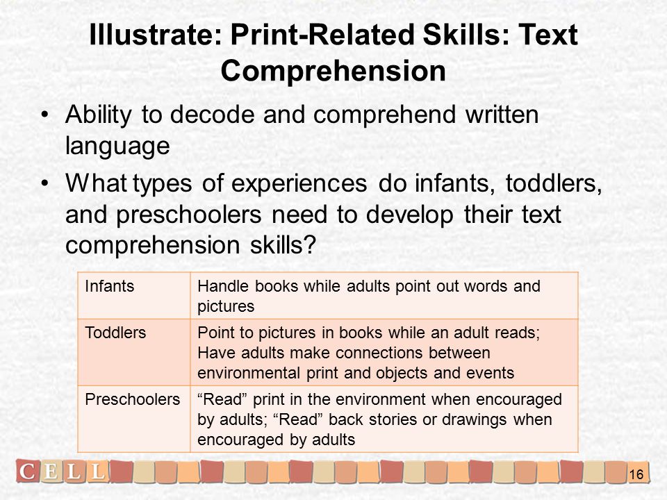 Illustrate: Print-Related Skills: Text Comprehension Ability to decode and comprehend written language What types of experiences do infants, toddlers, and preschoolers need to develop their text comprehension skills.