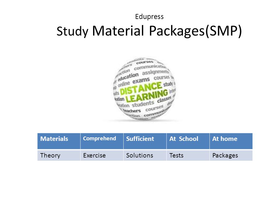 Edupress Study Material Packages(SMP) Materials Comprehend SufficientAt SchoolAt home TheoryExerciseSolutionsTestsPackages