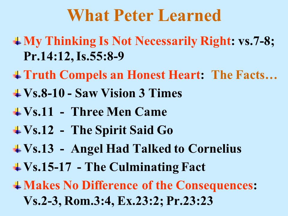What Peter Learned My Thinking Is Not Necessarily Right: vs.7-8; Pr.14:12, Is.55:8-9 Truth Compels an Honest Heart: The Facts… Vs Saw Vision 3 Times Vs.11 - Three Men Came Vs.12 - The Spirit Said Go Vs.13 - Angel Had Talked to Cornelius Vs The Culminating Fact Makes No Difference of the Consequences: Vs.2-3, Rom.3:4, Ex.23:2; Pr.23:23