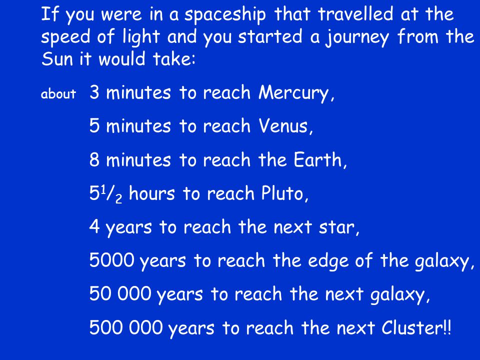 If you were in a spaceship that travelled at the speed of light and you started a journey from the Sun it would take: about 3 minutes to reach Mercury, 5 minutes to reach Venus, 8 minutes to reach the Earth, 5 1 / 2 hours to reach Pluto, 4 years to reach the next star, 5000 years to reach the edge of the galaxy, years to reach the next galaxy, years to reach the next Cluster!!