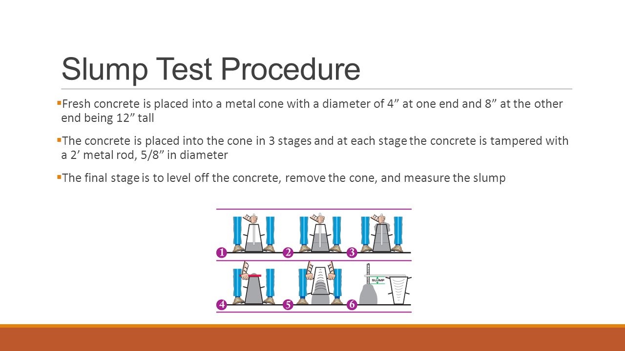 Slump Test Procedure  Fresh concrete is placed into a metal cone with a diameter of 4 at one end and 8 at the other end being 12 tall  The concrete is placed into the cone in 3 stages and at each stage the concrete is tampered with a 2’ metal rod, 5/8 in diameter  The final stage is to level off the concrete, remove the cone, and measure the slump