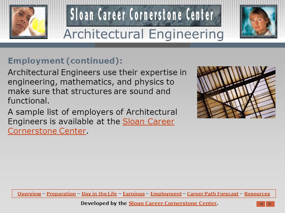 Employment: Most Architectural Engineers work in the construction industry or related areas.