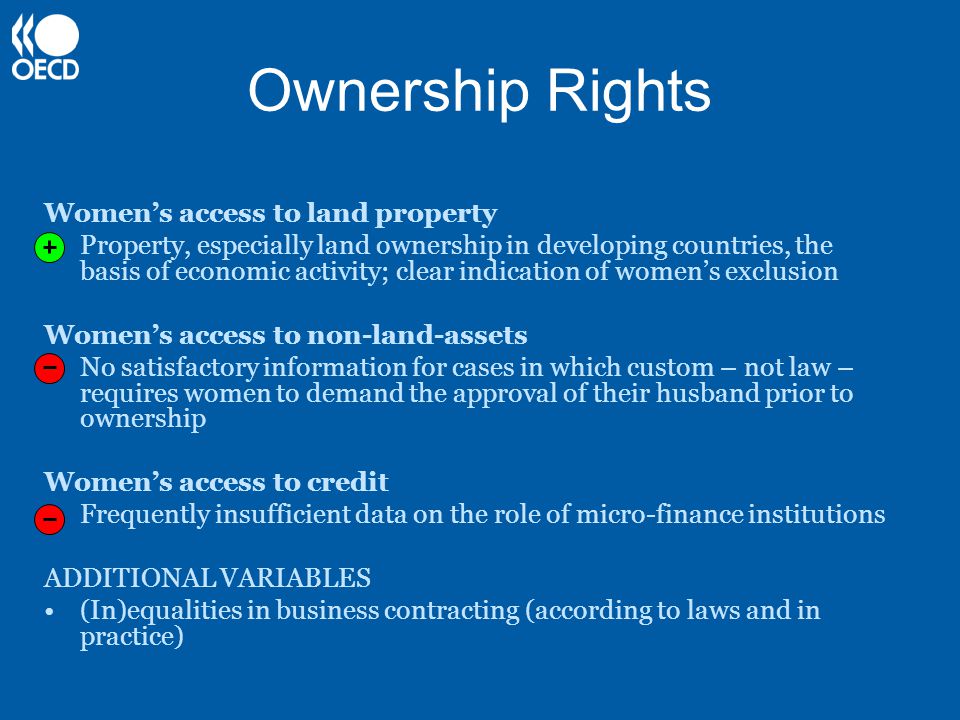 Ownership Rights Women’s access to land property Property, especially land ownership in developing countries, the basis of economic activity; clear indication of women’s exclusion Women’s access to non-land-assets No satisfactory information for cases in which custom – not law – requires women to demand the approval of their husband prior to ownership Women’s access to credit Frequently insufficient data on the role of micro-finance institutions ADDITIONAL VARIABLES (In)equalities in business contracting (according to laws and in practice)