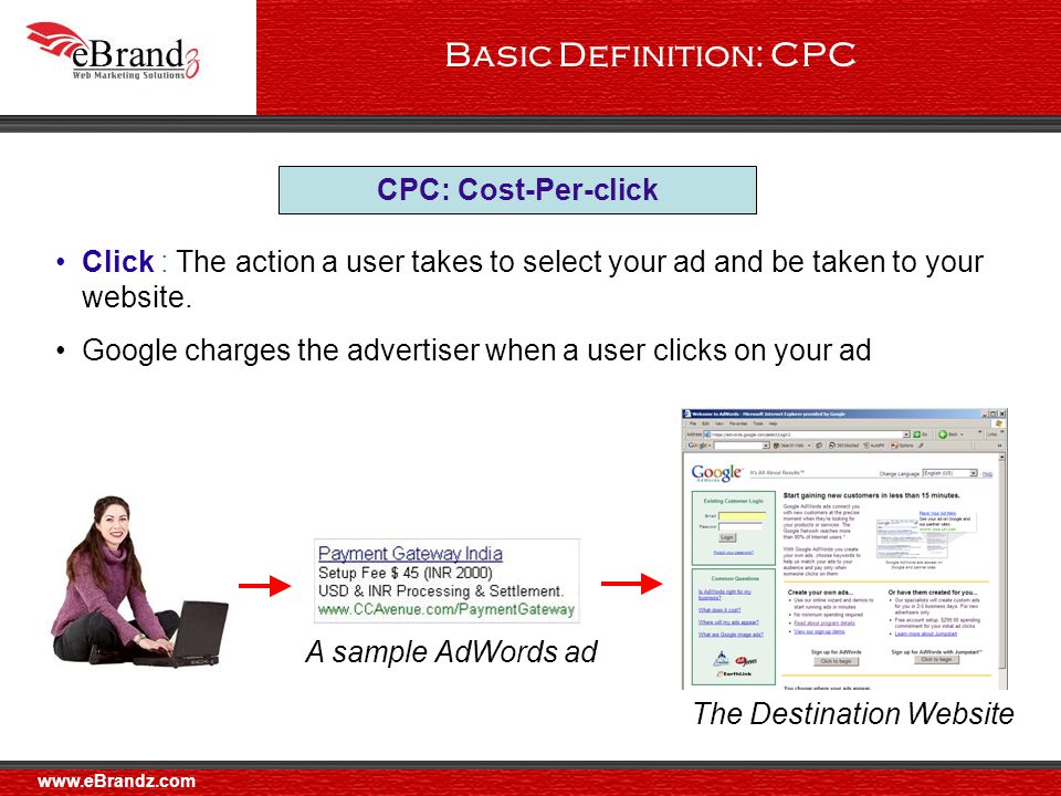 Basic Definition: CPC CPC: Cost-Per-click Click : The action a user takes to select your ad and be taken to your website.