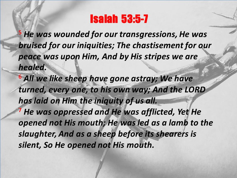 Isaiah 53:5-7 5 He was wounded for our transgressions, He was bruised for our iniquities; The chastisement for our peace was upon Him, And by His stripes we are healed.