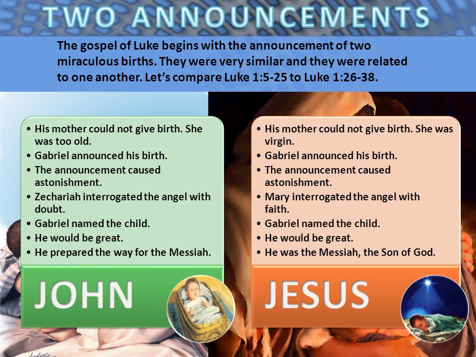 The gospel of Luke begins with the announcement of two miraculous births.