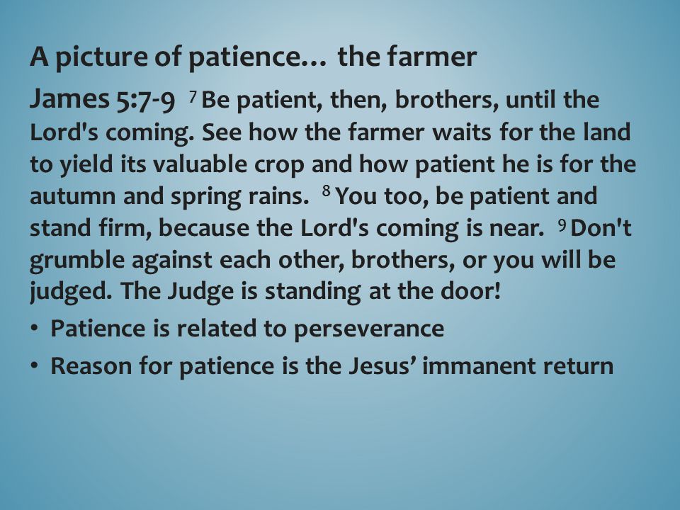 A picture of patience… the farmer James 5:7-9 7 Be patient, then, brothers, until the Lord s coming.