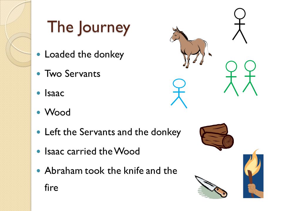 The Journey Loaded the donkey Two Servants Isaac Wood Left the Servants and the donkey Isaac carried the Wood Abraham took the knife and the fire