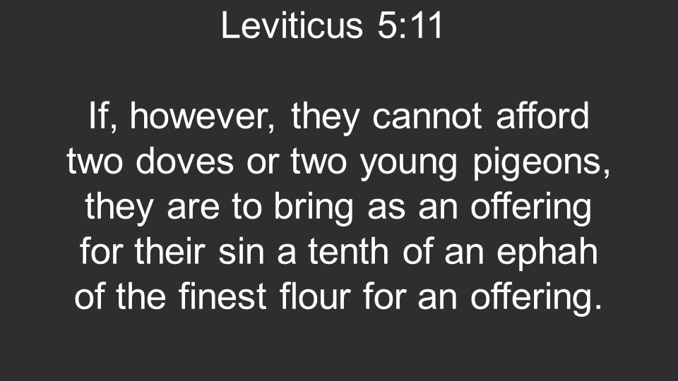 Leviticus 5:11 If, however, they cannot afford two doves or two young pigeons, they are to bring as an offering for their sin a tenth of an ephah of the finest flour for an offering.