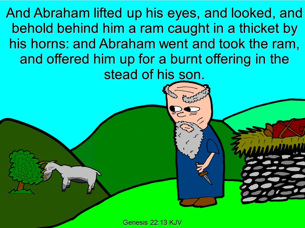 Genesis 22:13 KJV And Abraham lifted up his eyes, and looked, and behold behind him a ram caught in a thicket by his horns: and Abraham went and took the ram, and offered him up for a burnt offering in the stead of his son.