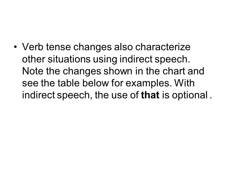Verb tense changes also characterize other situations using indirect speech.