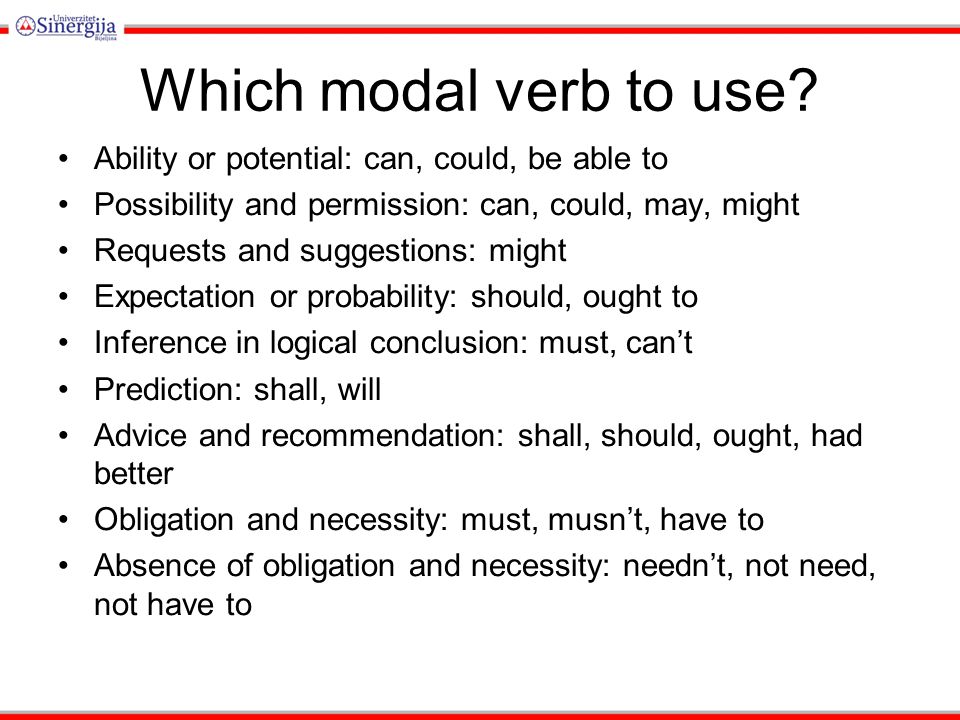 Which modal verb to use.