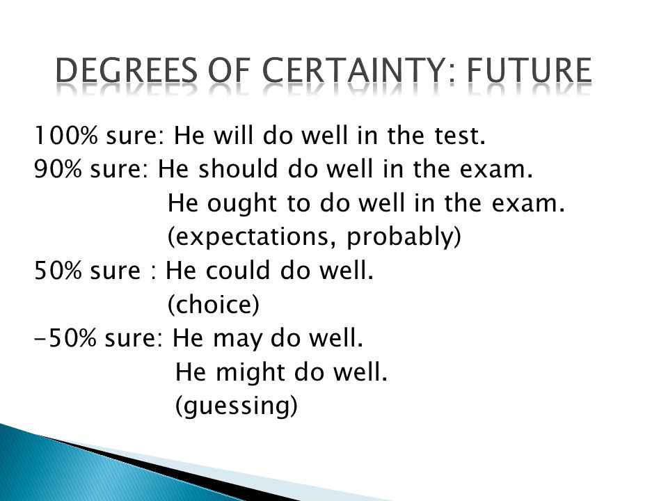 100% sure: He will do well in the test. 90% sure: He should do well in the exam.