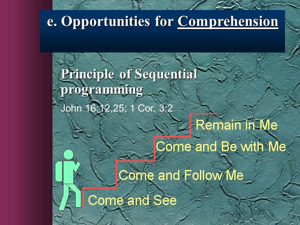 e. Opportunities for Comprehension Principle of Sequential programming John 16:12,25; 1 Cor. 3:2
