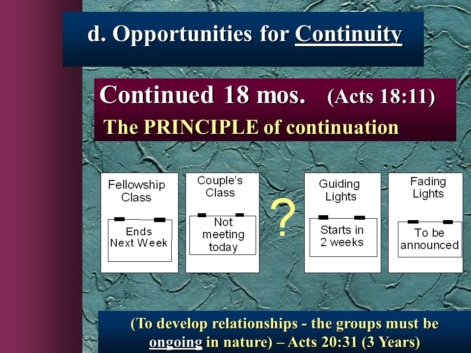 (To develop relationships - the groups must be ongoing in nature) – Acts 20:31 (3 Years) Continued 18 mos.