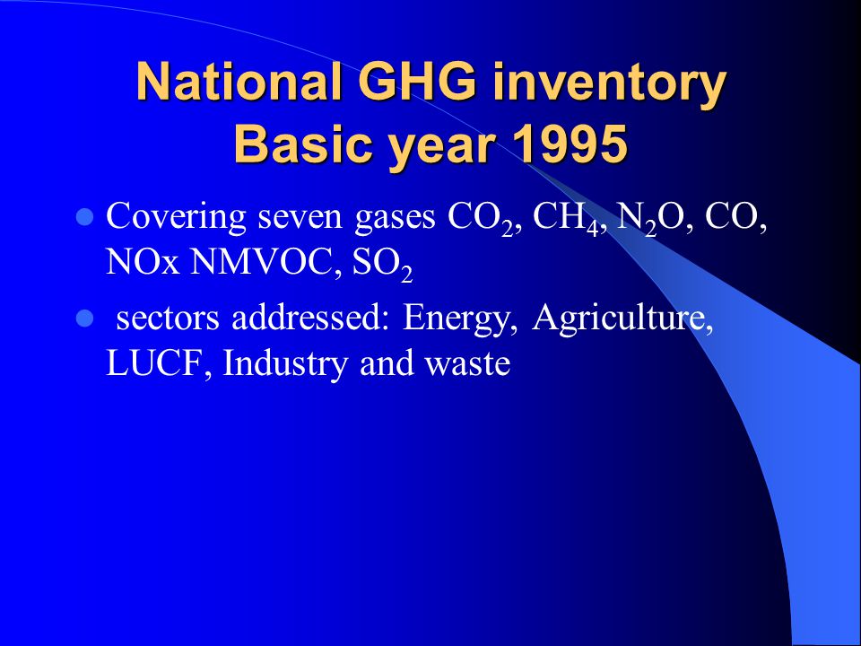 National GHG inventory Basic year 1995 Covering seven gases CO 2, CH 4, N 2 O, CO, NOx NMVOC, SO 2 sectors addressed: Energy, Agriculture, LUCF, Industry and waste