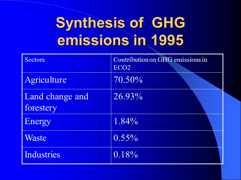 Synthesis of GHG emissions in 1995 SectorsContribution on GHG emissions in ECO2 Agriculture70.50% Land change and forestery 26.93% Energy1.84% Waste0.55% Industries0.18%