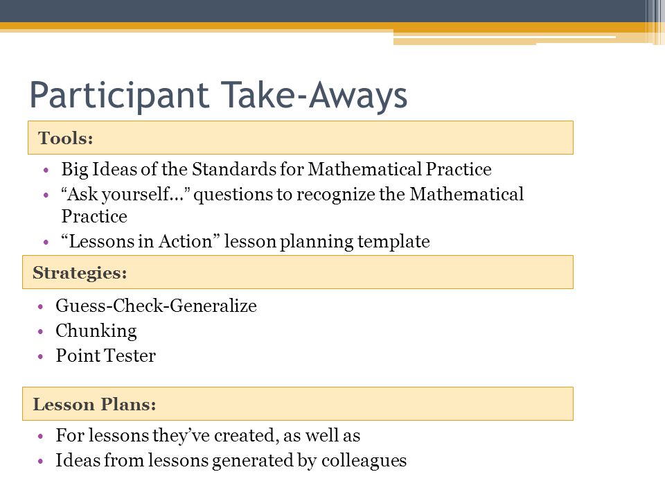 Tools: Strategies: Big Ideas of the Standards for Mathematical Practice Ask yourself… questions to recognize the Mathematical Practice Lessons in Action lesson planning template Guess-Check-Generalize Chunking Point Tester Participant Take-Aways Lesson Plans: For lessons they’ve created, as well as Ideas from lessons generated by colleagues