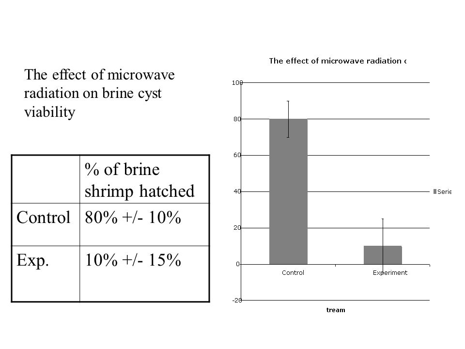 % of brine shrimp hatched Control80% +/- 10% Exp.10% +/- 15% The effect of microwave radiation on brine cyst viability