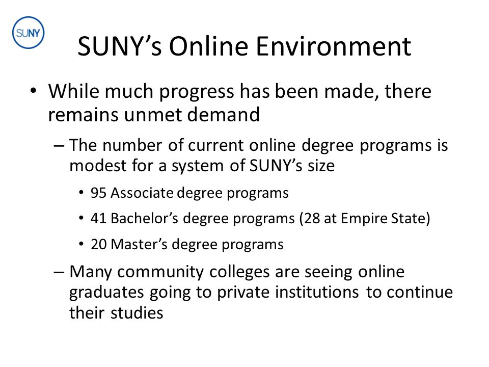 SUNY’s Online Environment While much progress has been made, there remains unmet demand – The number of current online degree programs is modest for a system of SUNY’s size 95 Associate degree programs 41 Bachelor’s degree programs (28 at Empire State) 20 Master’s degree programs – Many community colleges are seeing online graduates going to private institutions to continue their studies