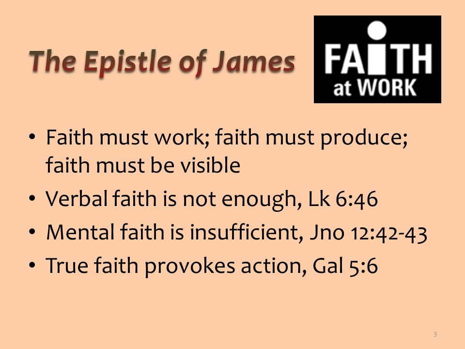 Faith must work; faith must produce; faith must be visible Verbal faith is not enough, Lk 6:46 Mental faith is insufficient, Jno 12:42-43 True faith provokes action, Gal 5:6 3