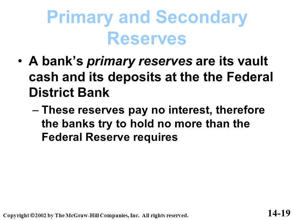 A bank’s primary reserves are its vault cash and its deposits at the the Federal District Bank –These reserves pay no interest, therefore the banks try to hold no more than the Federal Reserve requires Primary and Secondary Reserves Copyright  2002 by The McGraw-Hill Companies, Inc.