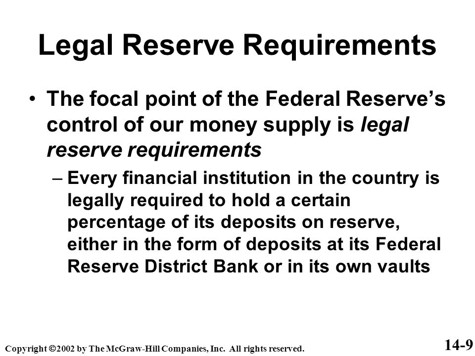 Legal Reserve Requirements The focal point of the Federal Reserve’s control of our money supply is legal reserve requirements –Every financial institution in the country is legally required to hold a certain percentage of its deposits on reserve, either in the form of deposits at its Federal Reserve District Bank or in its own vaults 14-9 Copyright  2002 by The McGraw-Hill Companies, Inc.