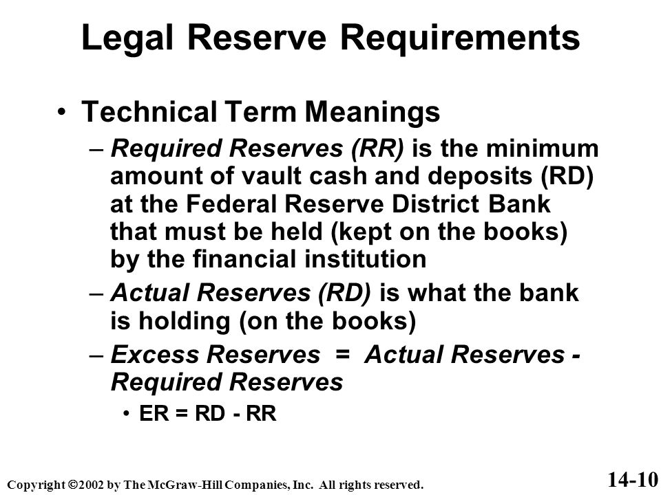 Legal Reserve Requirements Technical Term Meanings –Required Reserves (RR) is the minimum amount of vault cash and deposits (RD) at the Federal Reserve District Bank that must be held (kept on the books) by the financial institution –Actual Reserves (RD) is what the bank is holding (on the books) –Excess Reserves = Actual Reserves - Required Reserves ER = RD - RR Copyright  2002 by The McGraw-Hill Companies, Inc.