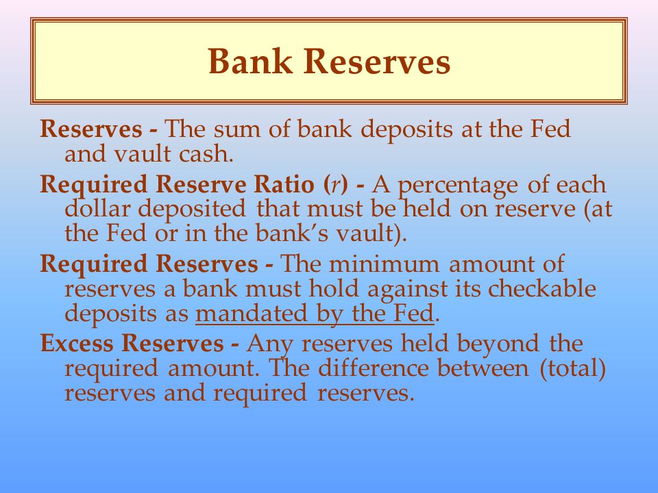 Bank Reserves Reserves - The sum of bank deposits at the Fed and vault cash.