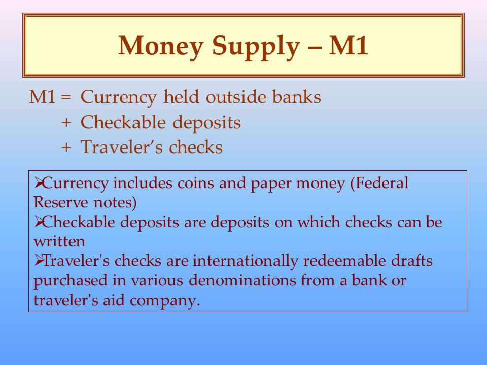 Money Supply – M1 M1 = Currency held outside banks + Checkable deposits + Traveler’s checks  Currency includes coins and paper money (Federal Reserve notes)  Checkable deposits are deposits on which checks can be written  Traveler s checks are internationally redeemable drafts purchased in various denominations from a bank or traveler s aid company.