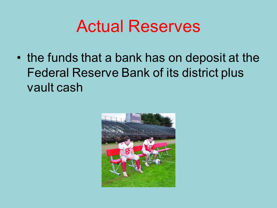 Actual Reserves the funds that a bank has on deposit at the Federal Reserve Bank of its district plus vault cash