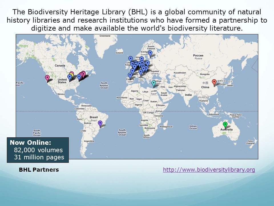 BHL Partners   The Biodiversity Heritage Library (BHL) is a global community of natural history libraries and research institutions who have formed a partnership to digitize and make available the world s biodiversity literature.