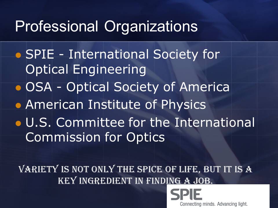 Professional Organizations SPIE - International Society for Optical Engineering OSA - Optical Society of America American Institute of Physics U.S.