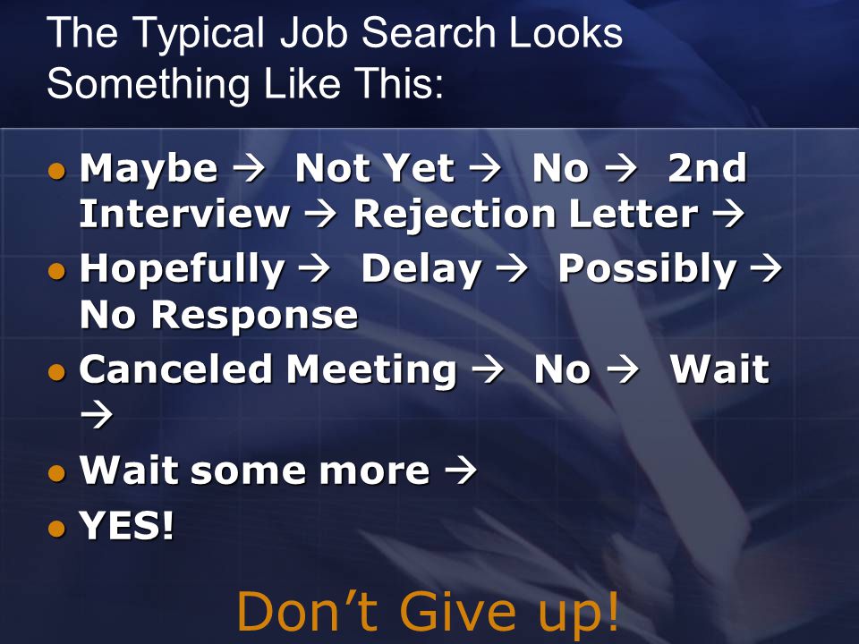 The Typical Job Search Looks Something Like This: Maybe  Not Yet  No  2nd Interview  Rejection Letter  Maybe  Not Yet  No  2nd Interview  Rejection Letter  Hopefully  Delay  Possibly  No Response Hopefully  Delay  Possibly  No Response Canceled Meeting  No  Wait  Canceled Meeting  No  Wait  Wait some more  Wait some more  YES.