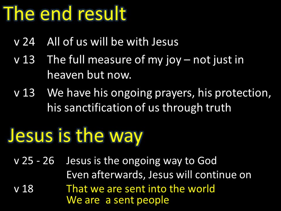 v 24All of us will be with Jesus v 13The full measure of my joy – not just in heaven but now.