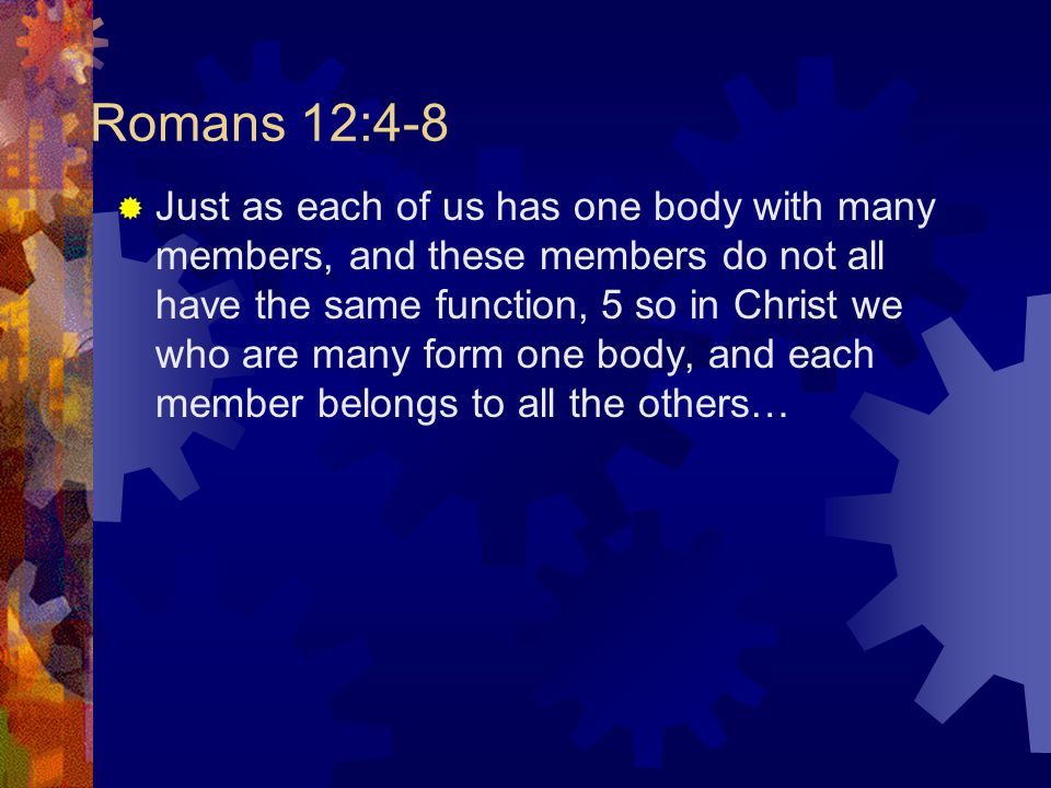 Romans 12:4-8  Just as each of us has one body with many members, and these members do not all have the same function, 5 so in Christ we who are many form one body, and each member belongs to all the others…