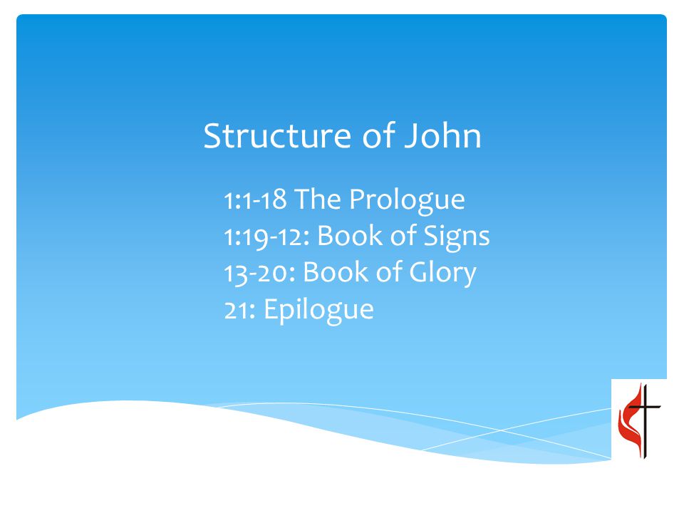 Structure of John 1:1-18 The Prologue 1:19-12: Book of Signs 13-20: Book of Glory 21: Epilogue