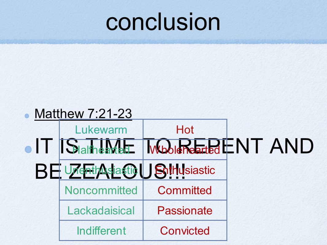 conclusion Matthew 7:21-23 IT IS TIME TO REPENT AND BE ZEALOUS!!.