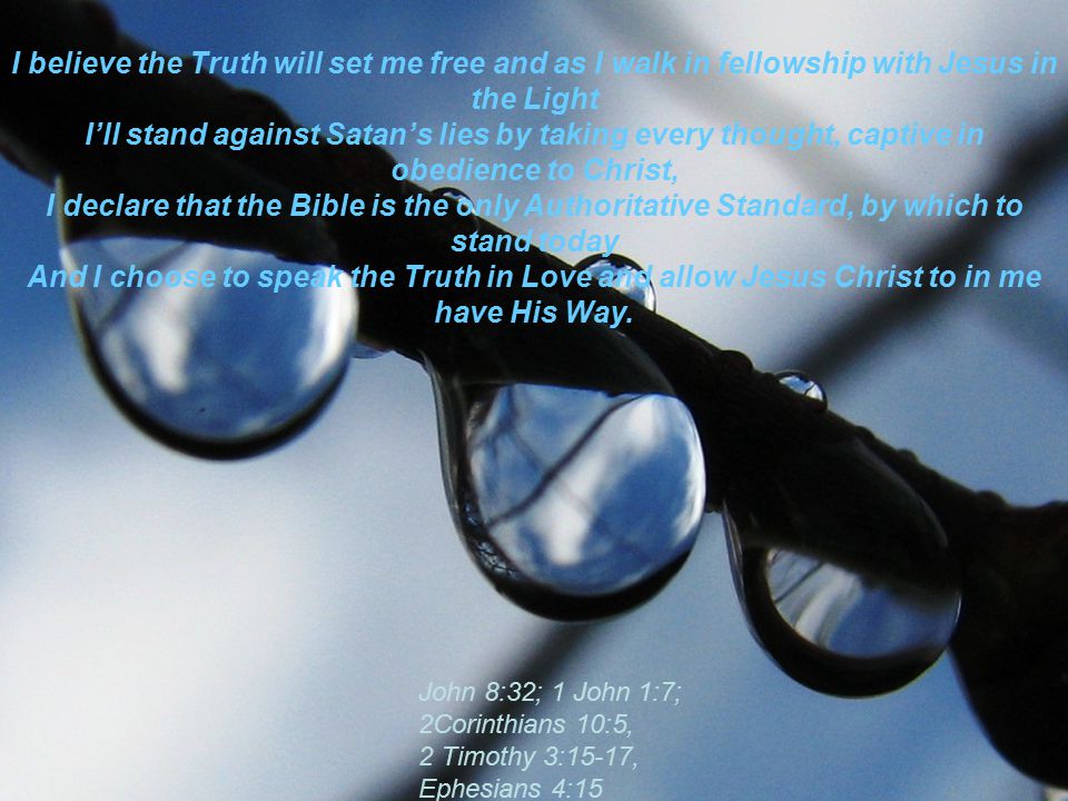 I believe the Truth will set me free and as I walk in fellowship with Jesus in the Light I’ll stand against Satan’s lies by taking every thought, captive in obedience to Christ, I declare that the Bible is the only Authoritative Standard, by which to stand today And I choose to speak the Truth in Love and allow Jesus Christ to in me have His Way.