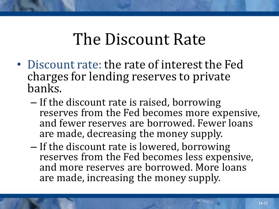 14-11 The Discount Rate Discount rate: the rate of interest the Fed charges for lending reserves to private banks.