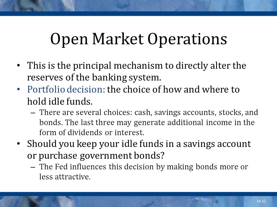 14-12 Open Market Operations This is the principal mechanism to directly alter the reserves of the banking system.