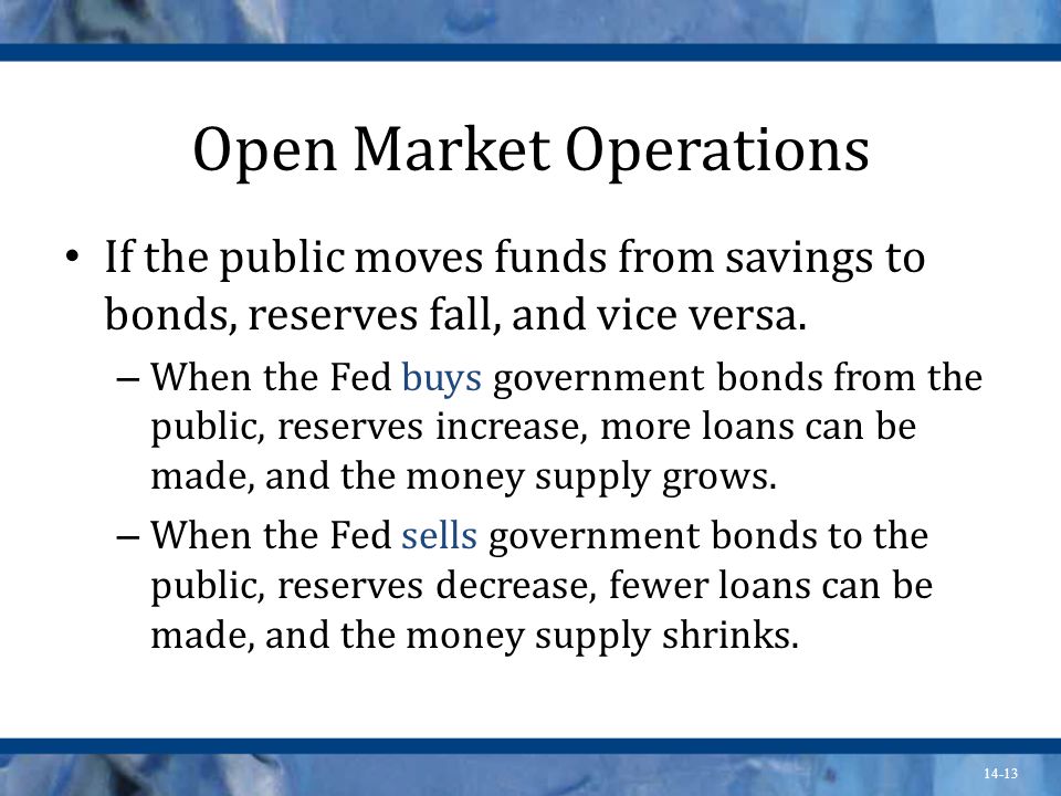 14-13 Open Market Operations If the public moves funds from savings to bonds, reserves fall, and vice versa.