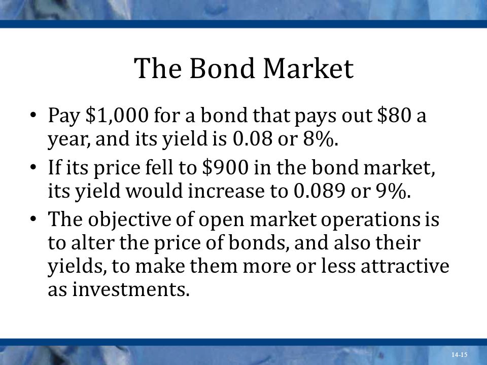 14-15 The Bond Market Pay $1,000 for a bond that pays out $80 a year, and its yield is 0.08 or 8%.