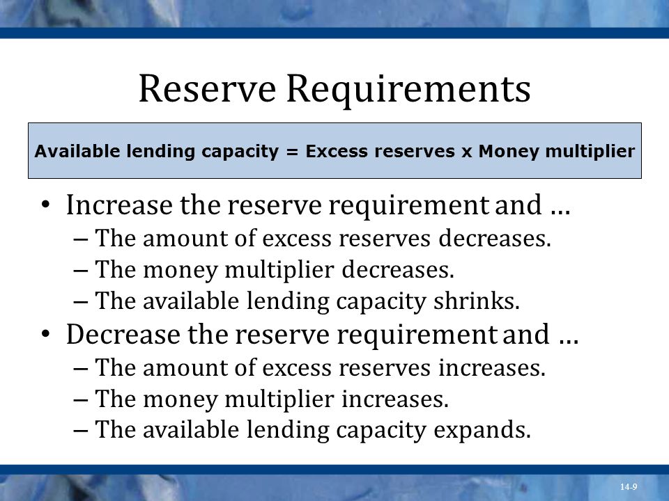 14-9 Reserve Requirements Increase the reserve requirement and … – The amount of excess reserves decreases.