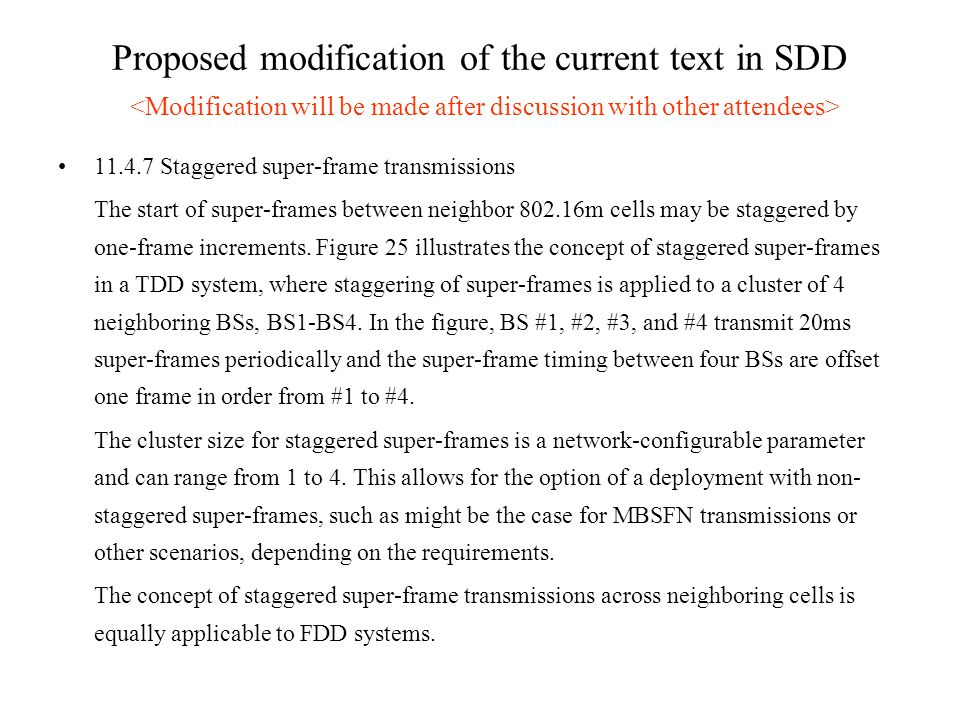 Proposed modification of the current text in SDD Staggered super-frame transmissions The start of super-frames between neighbor m cells may be staggered by one-frame increments.