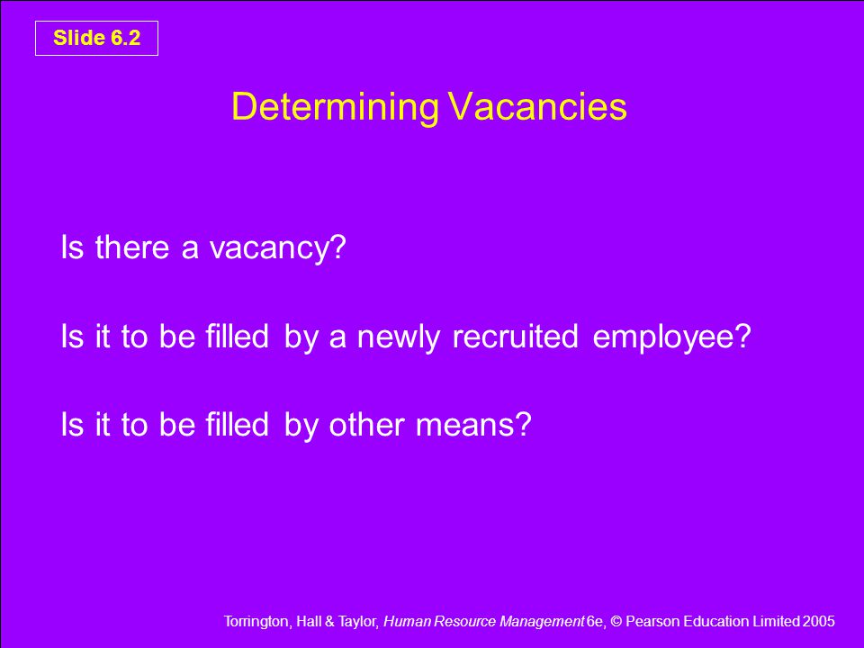Torrington, Hall & Taylor, Human Resource Management 6e, © Pearson Education Limited 2005 Slide 6.2 Determining Vacancies Is there a vacancy.